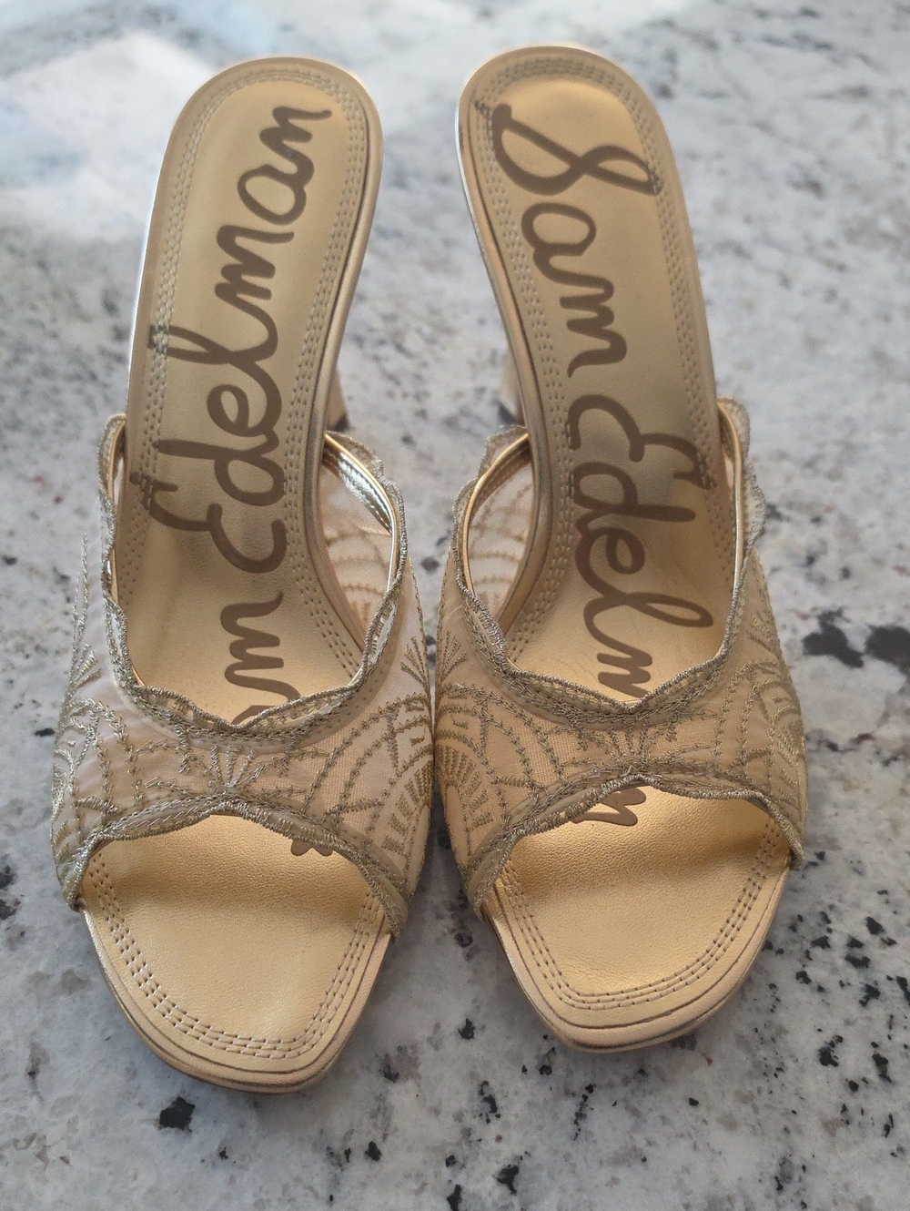 Sam Edelman Metallic Gold Embroidered Slide Mules